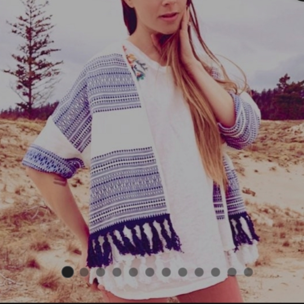 Chelsea & Theodore 100% Cotton Cardigan Hippie Embroidered Boho Jacket fringed